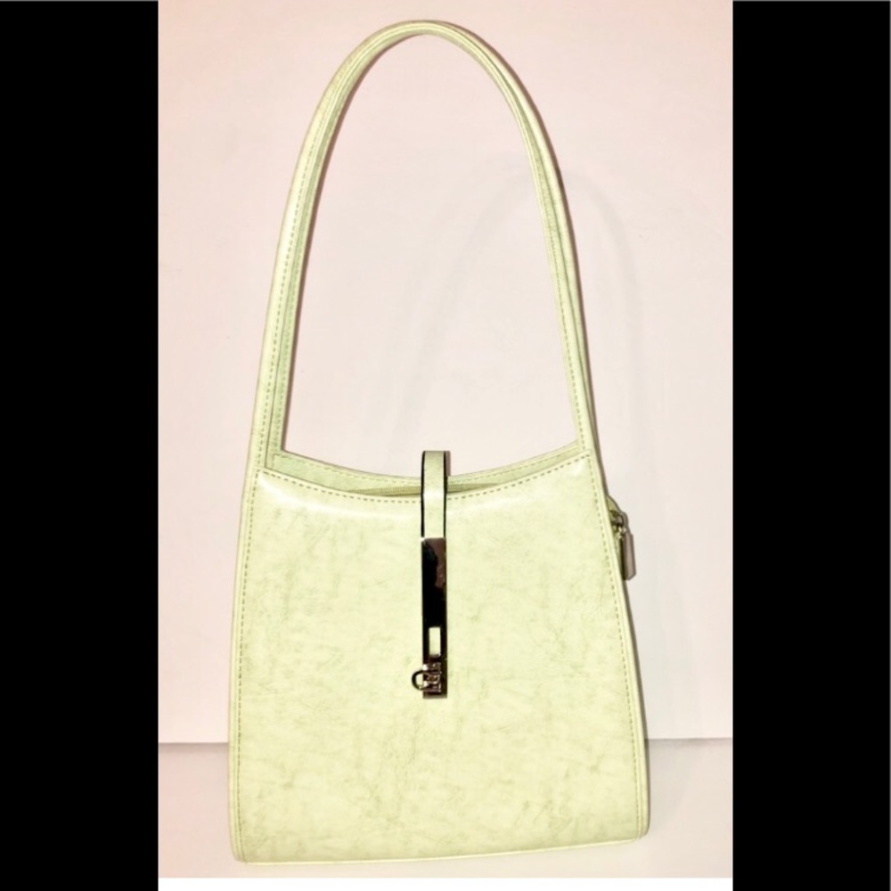 Lime green leather purse w funky silver hardware